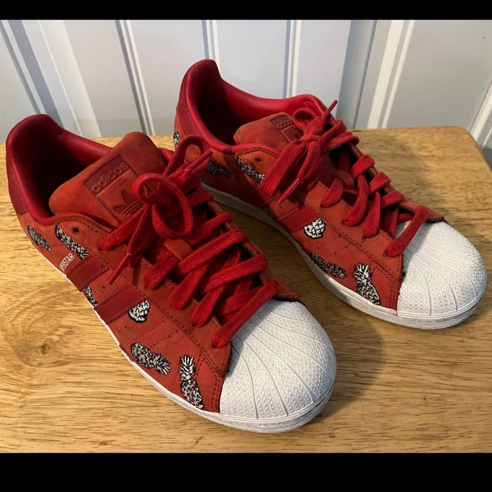 Adidas Pineapple Print Red and White Superstar Sneakers Leather Size 9